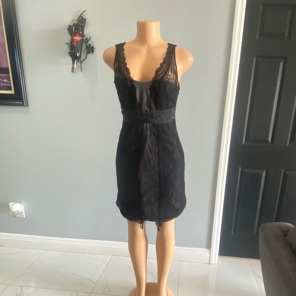 Moulinette Soeurs Anthropologie Black Lace Cocktail Dress Sheath Pleated Waist 2